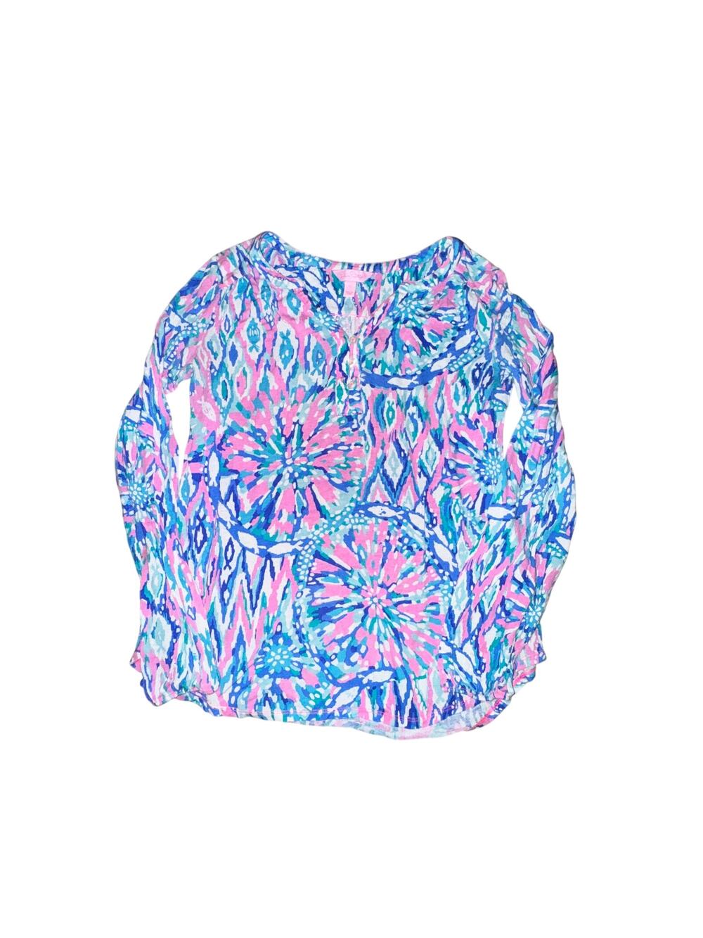 Lilly Pulitzer Lilias Tunic Top Womens Sz XS Tiki Pink Shake It Up Blouse V Neck